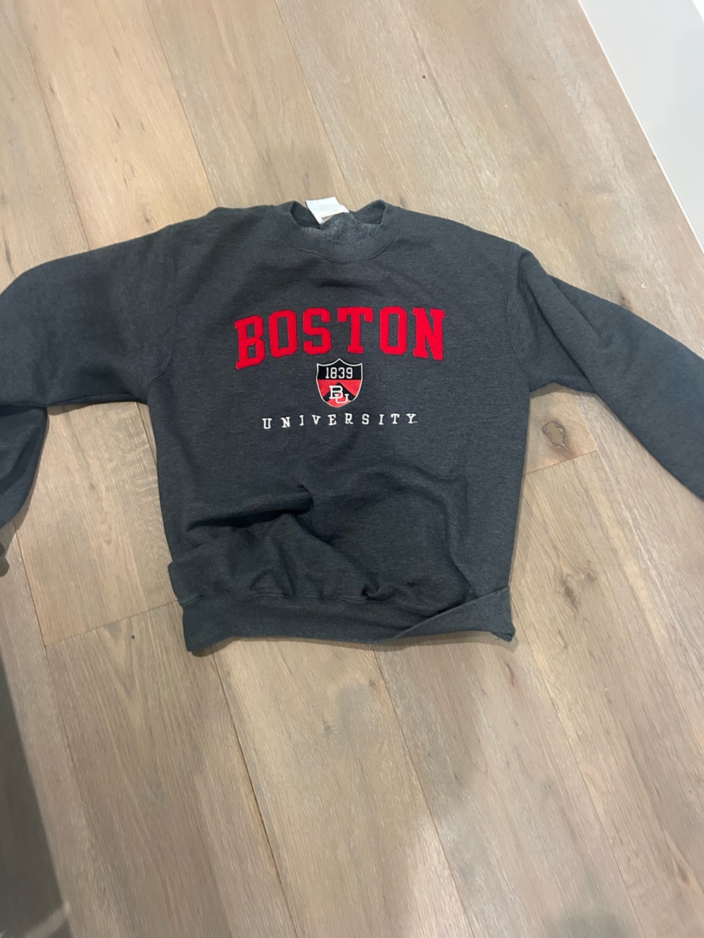 Boston University Charcoal Crewneck Sweatshirt - Gray with Red Script